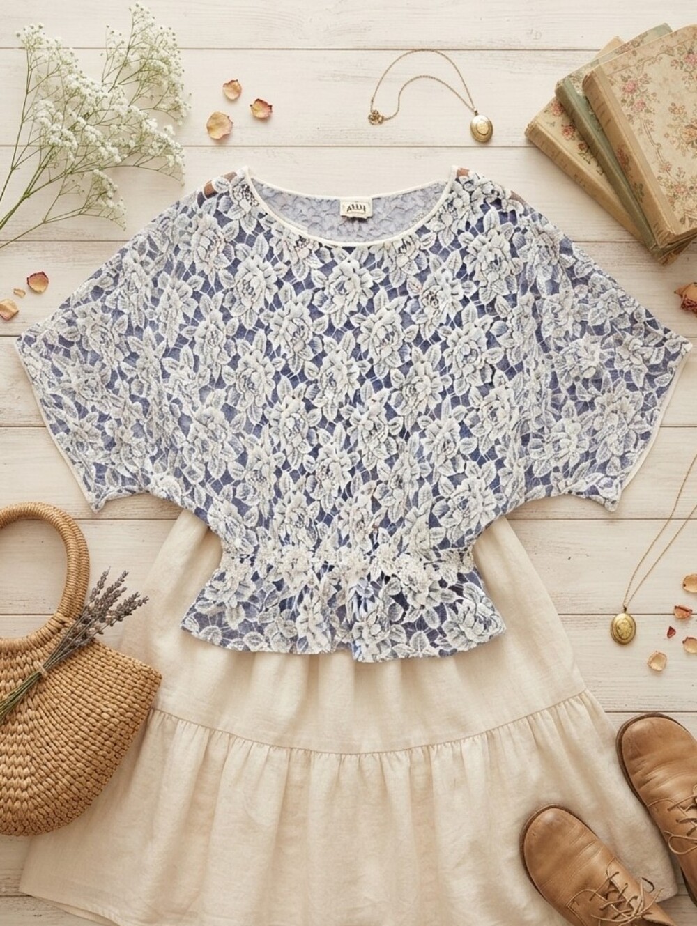 Ariat Blue White Lace Dolman Sleeve Elastic Ruffle Waist Blouse